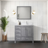 Jacques 36" Distressed Grey Single Vanity, White Quartz Top, White Square Sink and 34" Mirror - Right Version