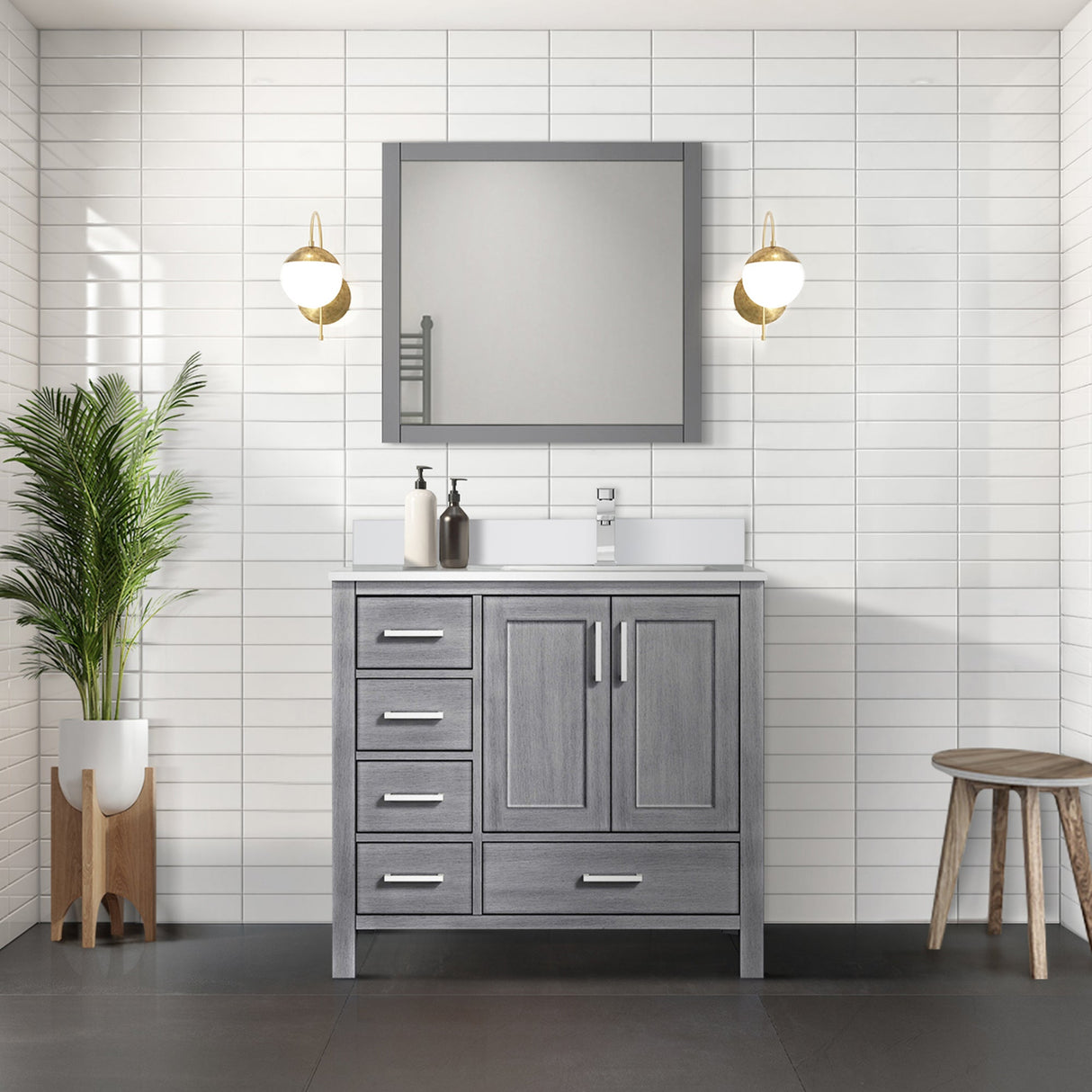 Jacques Distressed Grey Freestanding Bathroom Vanity with White Quartz Top, White Square Sink