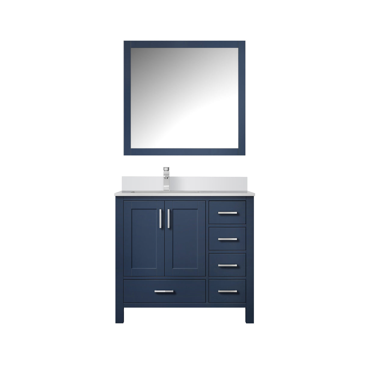 Jacques 36" Navy Blue Single Vanity, White Quartz Top, White Square Sink and 34" Mirror w/ Faucet - Left Version