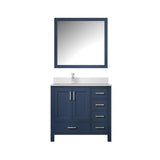 Jacques 36" Navy Blue Single Vanity, White Quartz Top, White Square Sink and 34" Mirror w/ Faucet - Left Version