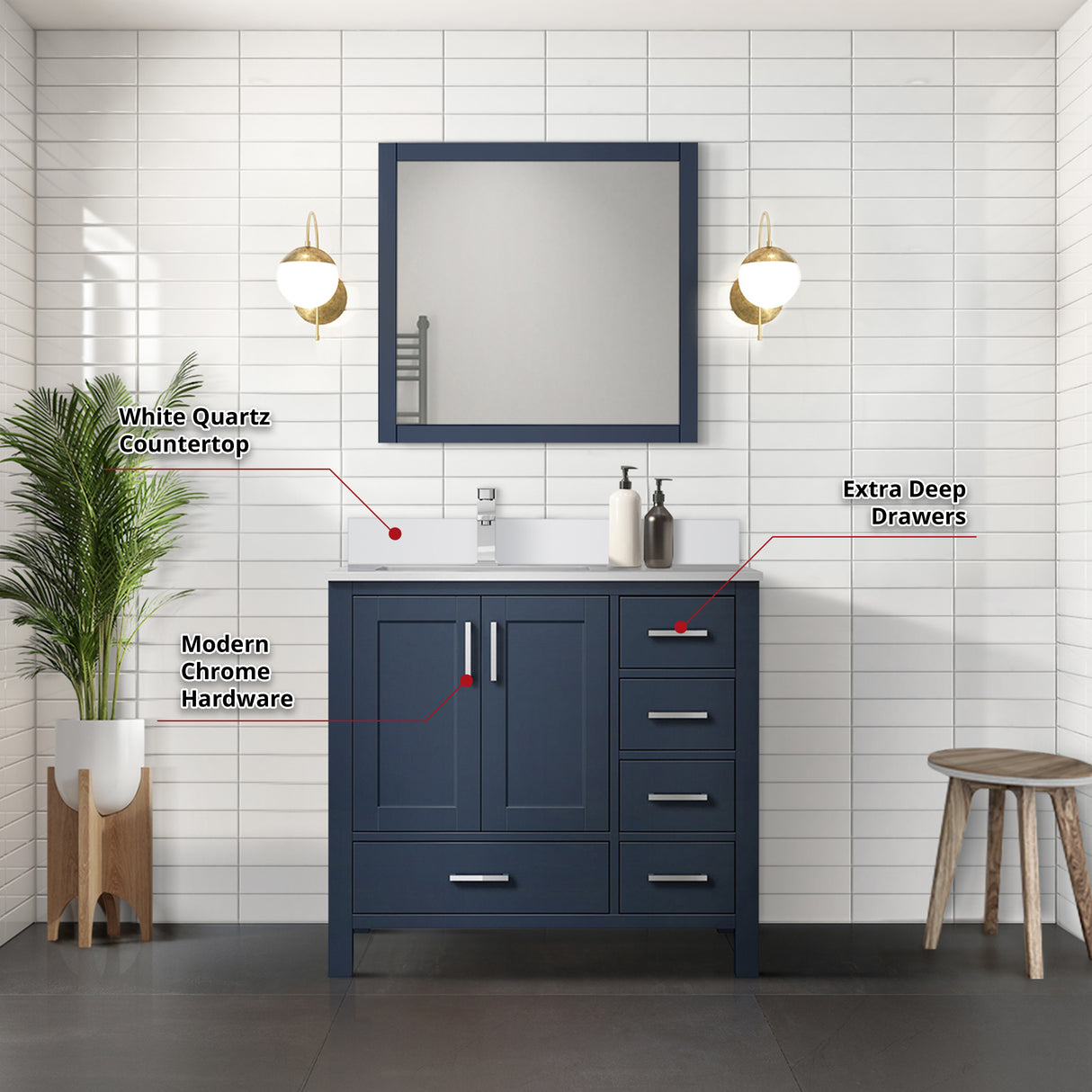 Jacques 36" Navy Blue Single Vanity, White Quartz Top, White Square Sink and 34" Mirror w/ Faucet - Left Version