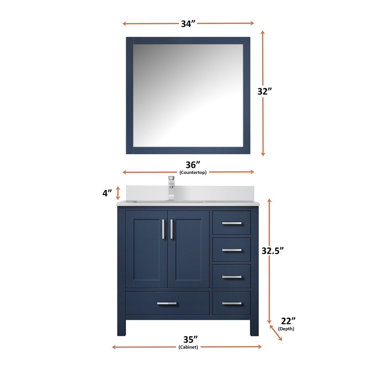 Jacques 36" Navy Blue Single Vanity, White Quartz Top, White Square Sink and 34" Mirror - Left Version