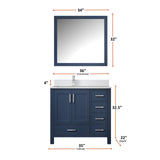 Jacques 36" Navy Blue Single Vanity, White Quartz Top, White Square Sink and 34" Mirror - Left Version