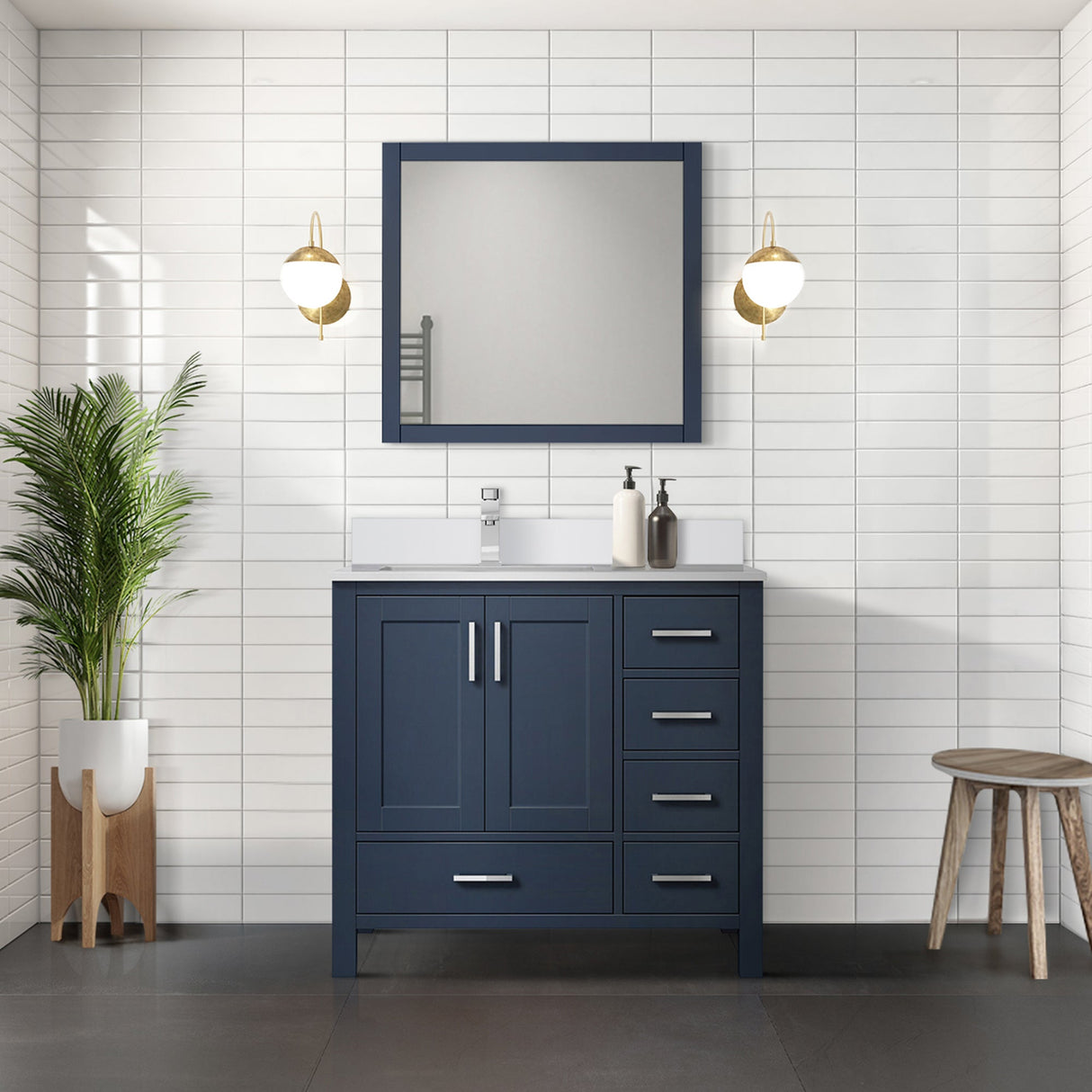 Jacques Navy Blue Freestanding Bathroom Vanity with White Quartz Top, White Square Sink