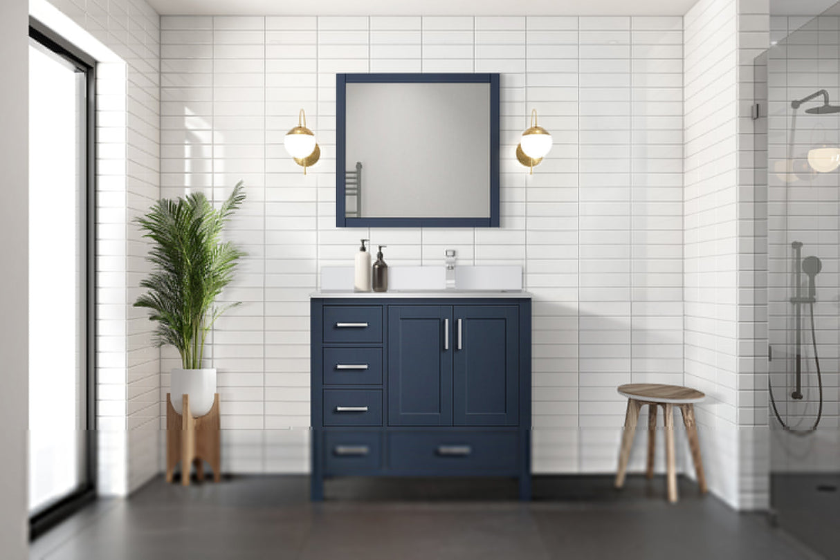 Jacques Navy Blue Freestanding Bathroom Vanity with White Quartz Top, White Square Sink