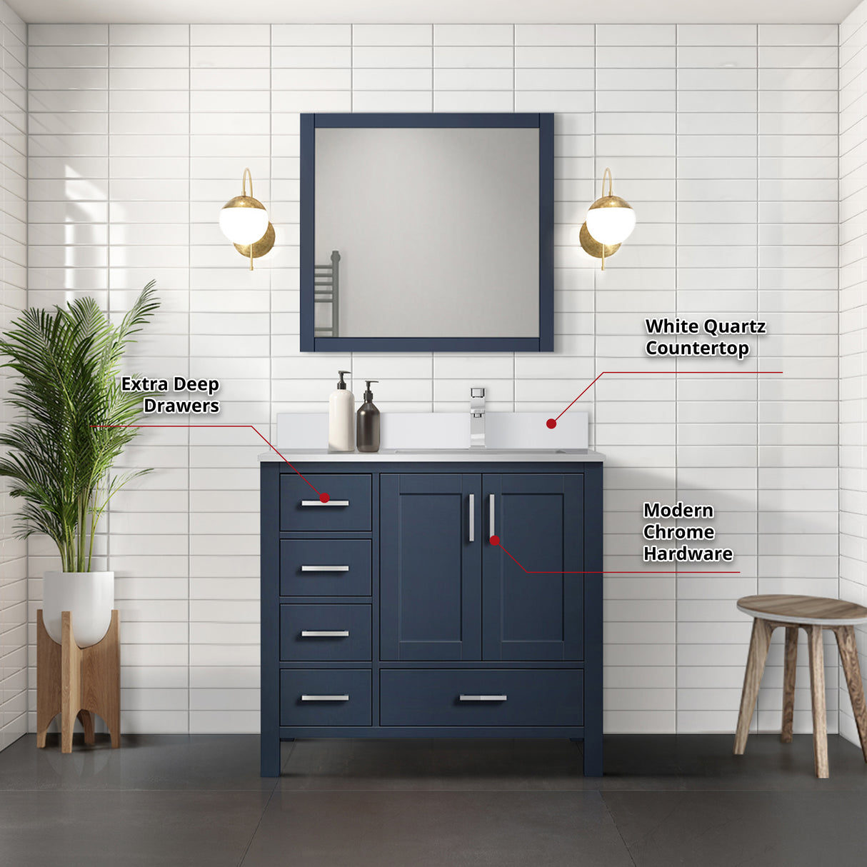 Jacques 36" Navy Blue Single Vanity, White Quartz Top, White Square Sink and 34" Mirror w/ Faucet - Right Version