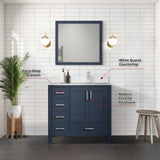 Jacques 36" Navy Blue Single Vanity, White Quartz Top, White Square Sink and 34" Mirror w/ Faucet - Right Version