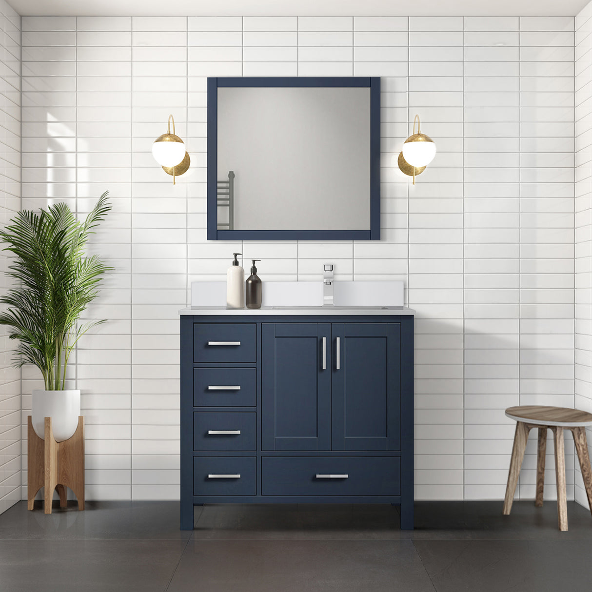 Jacques 36" Navy Blue Single Vanity, White Quartz Top, White Square Sink and 34" Mirror - Right Version