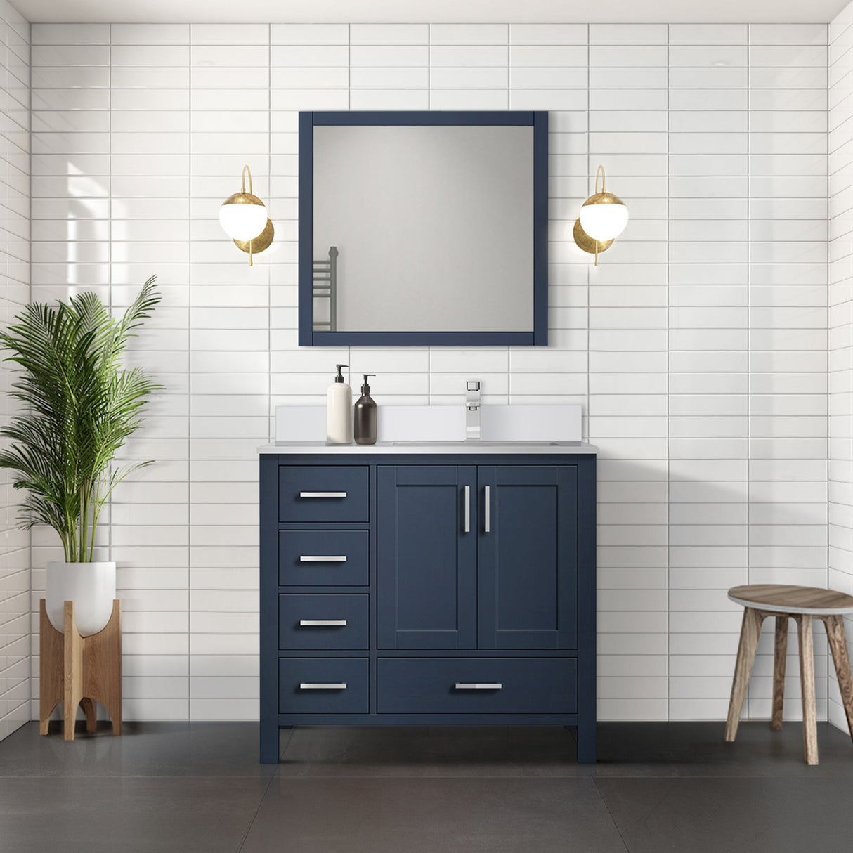 Jacques Navy Blue Freestanding Bathroom Vanity with White Quartz Top, White Square Sink