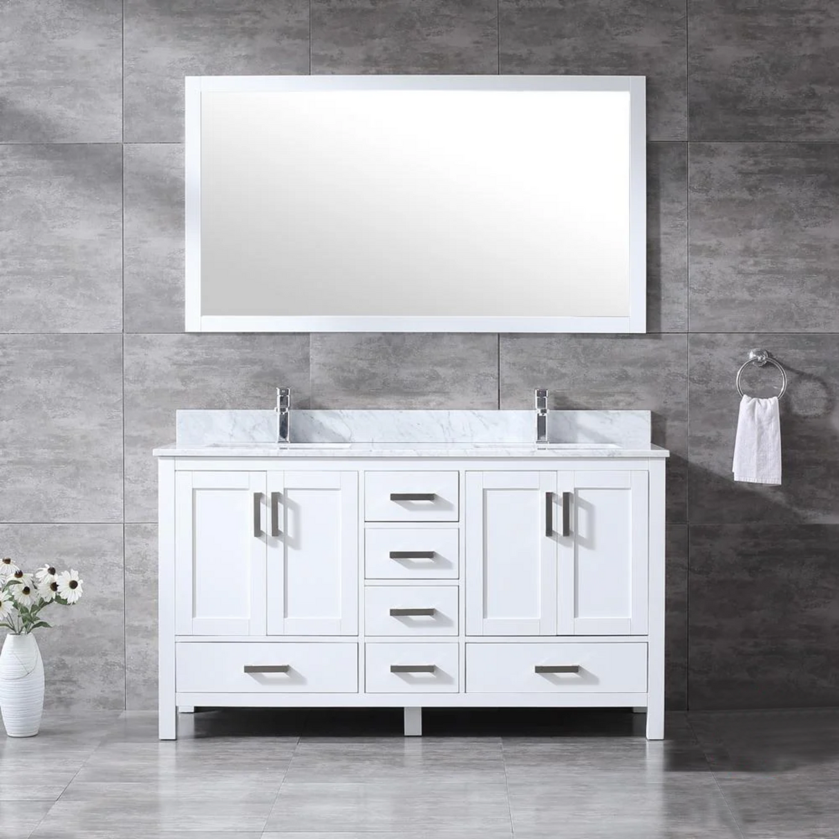 Jacques 60 In. Freestanding White Bathroom Vanity With Double Undermount Ceramic Sink, White Carrara Marble Top