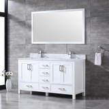 Jacques 60 In. Freestanding White Bathroom Vanity With Double Undermount Ceramic Sink, White Carrara Marble Top