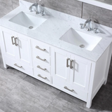 Jacques 60 In. Freestanding White Bathroom Vanity With Double Undermount Ceramic Sink, White Carrara Marble Top