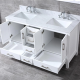 Jacques 60 In. Freestanding White Bathroom Vanity With Double Undermount Ceramic Sink, White Carrara Marble Top