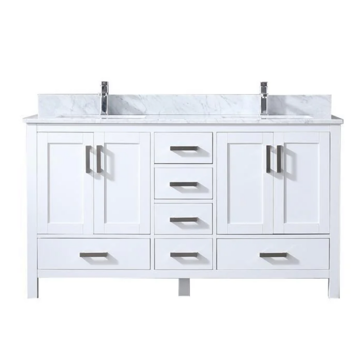 Jacques 60 In. Freestanding White Bathroom Vanity With Double Undermount Ceramic Sink, White Carrara Marble Top