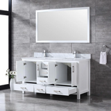 Jacques 60 In. Freestanding White Bathroom Vanity With Double Undermount Ceramic Sink, White Carrara Marble Top