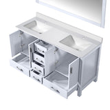 Jacques 60" White Double Vanity, White Quartz Top, White Square Sinks and 58" Mirror