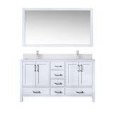 Jacques 60" White Double Vanity, White Quartz Top, White Square Sinks and 58" Mirror w/ Faucets