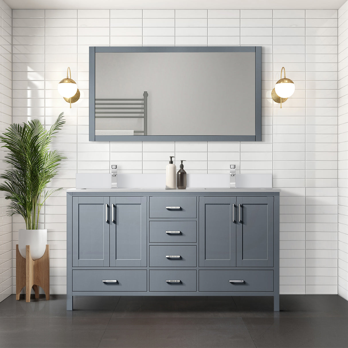 Jacques 72" Dark Grey Double Vanity, White Quartz Top, White Square Sinks and 70" Mirror