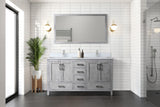 Jacques 60" Distressed Grey Double Vanity, White Quartz Top, White Square Sinks and 58" Mirror w/ Faucets