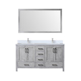 Jacques 60" Distressed Grey Double Vanity, White Quartz Top, White Square Sinks and 58" Mirror w/ Faucets