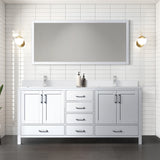 Jacques 72" White Double Vanity, White Quartz Top, White Square Sinks and 70" Mirror w/ Faucets