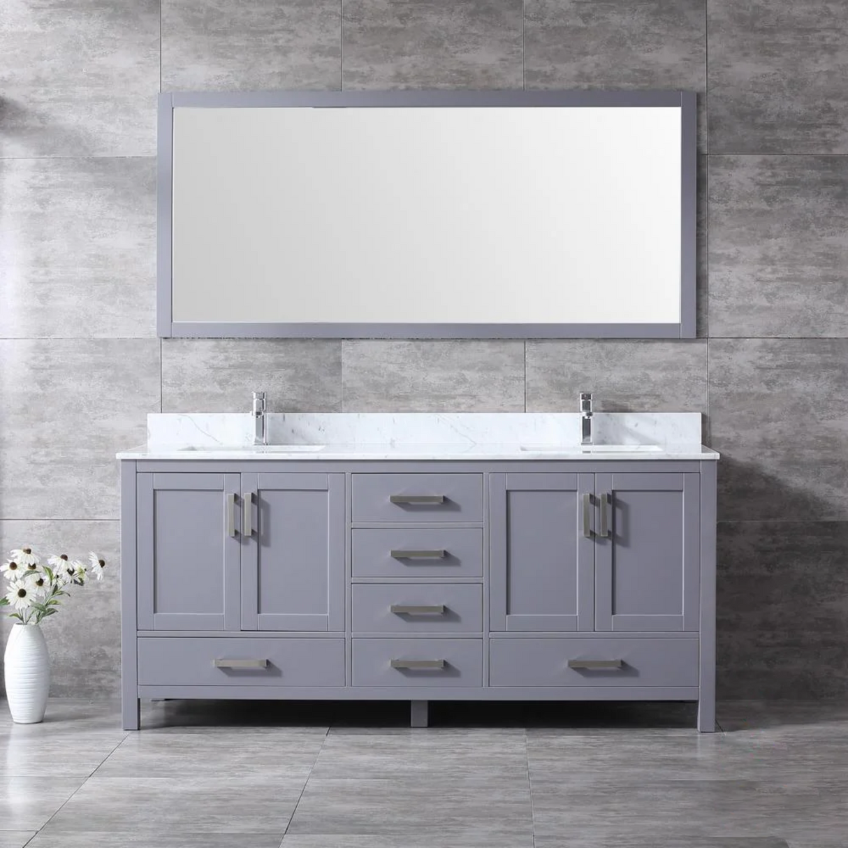 Jacques 72 In. Freestanding Dark Grey Bathroom Vanity With Double Undermount Ceramic Sink, White Carrara Marble Top