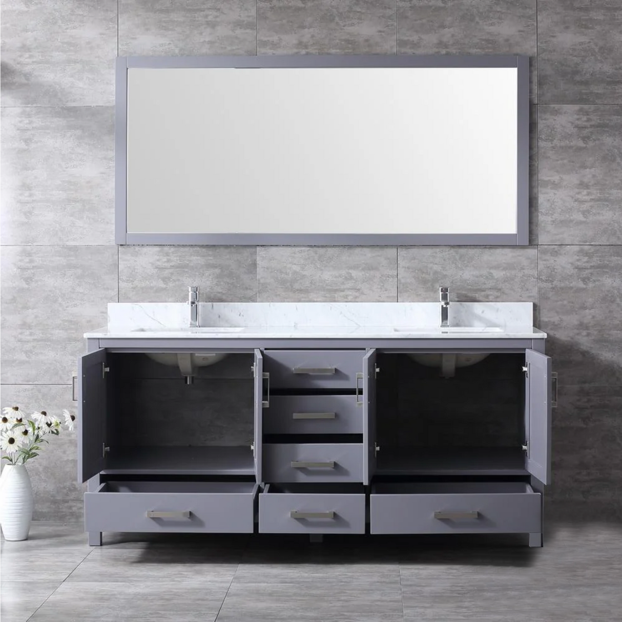 Jacques 72 In. Freestanding Dark Grey Bathroom Vanity With Double Undermount Ceramic Sink, White Carrara Marble Top