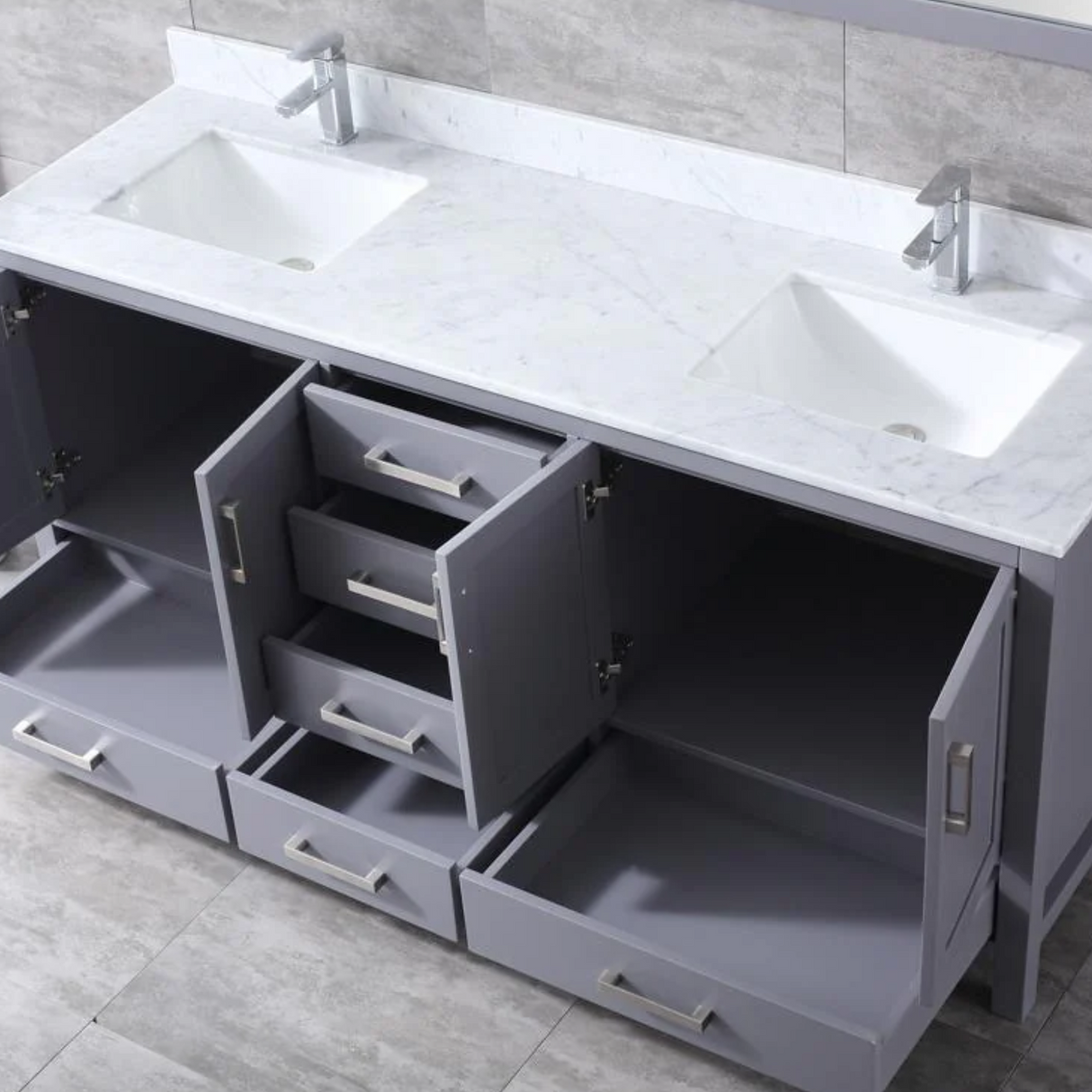 Jacques 72 In. Freestanding Dark Grey Bathroom Vanity With Double Undermount Ceramic Sink, White Carrara Marble Top