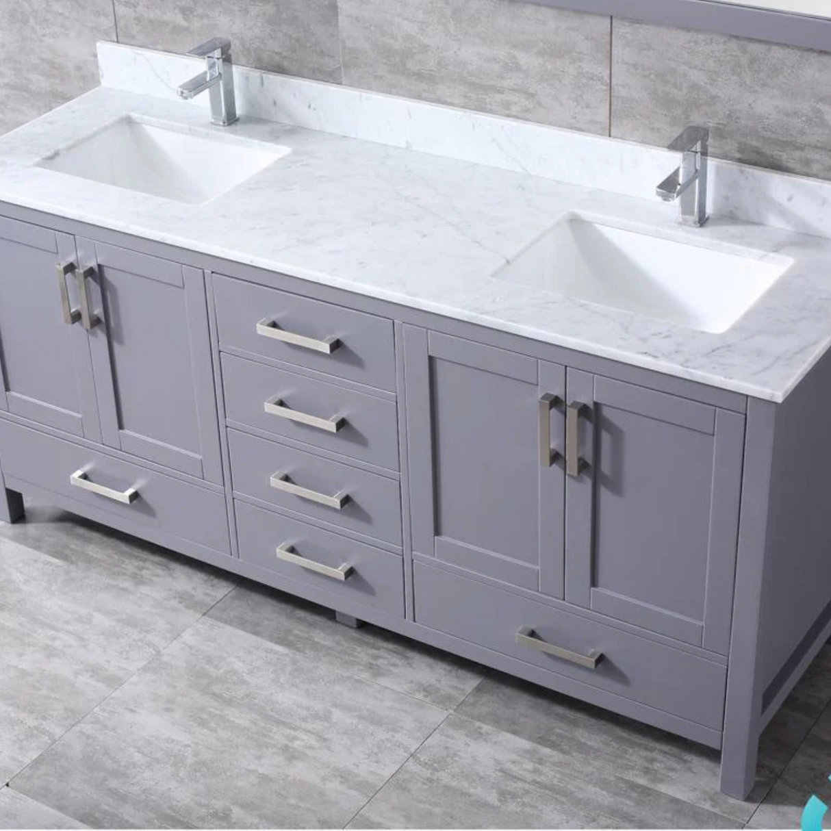 Jacques 72 In. Freestanding Dark Grey Bathroom Vanity With Double Undermount Ceramic Sink, White Carrara Marble Top