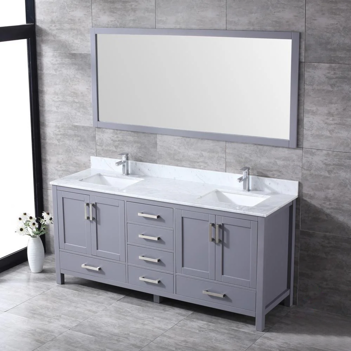 Jacques 72 In. Freestanding Dark Grey Bathroom Vanity With Double Undermount Ceramic Sink, White Carrara Marble Top