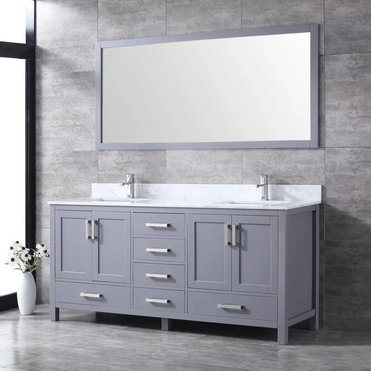 Jacques 72 In. Freestanding Dark Grey Bathroom Vanity With Double Undermount Ceramic Sink, White Carrara Marble Top