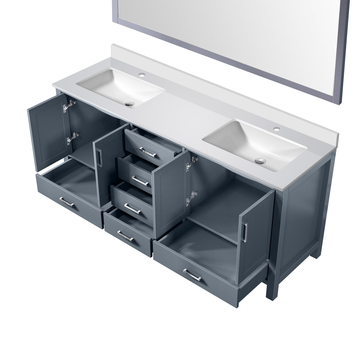 Jacques 72" Dark Grey Double Vanity, White Quartz Top, White Square Sinks and 70" Mirror
