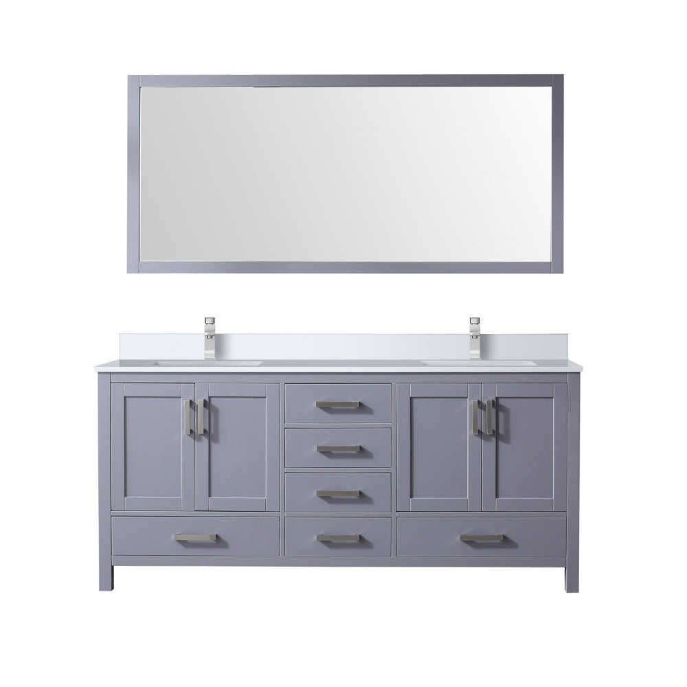 Jacques 72" Dark Grey Double Vanity, White Quartz Top, White Square Sinks and 70" Mirror w/ Faucets