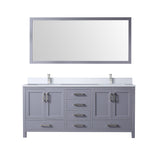 Jacques 72" Dark Grey Double Vanity, White Quartz Top, White Square Sinks and 70" Mirror w/ Faucets
