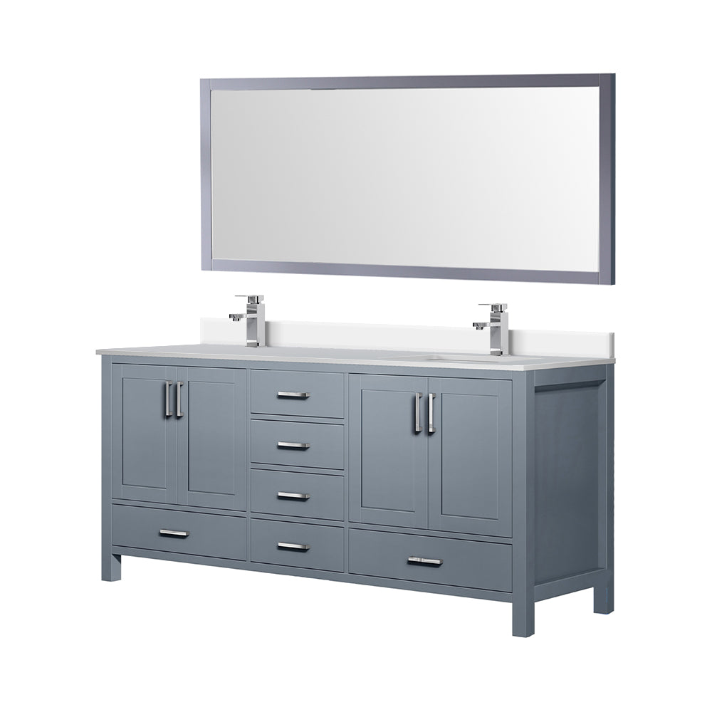 Jacques 72" Dark Grey Double Vanity, White Quartz Top, White Square Sinks and 70" Mirror w/ Faucets