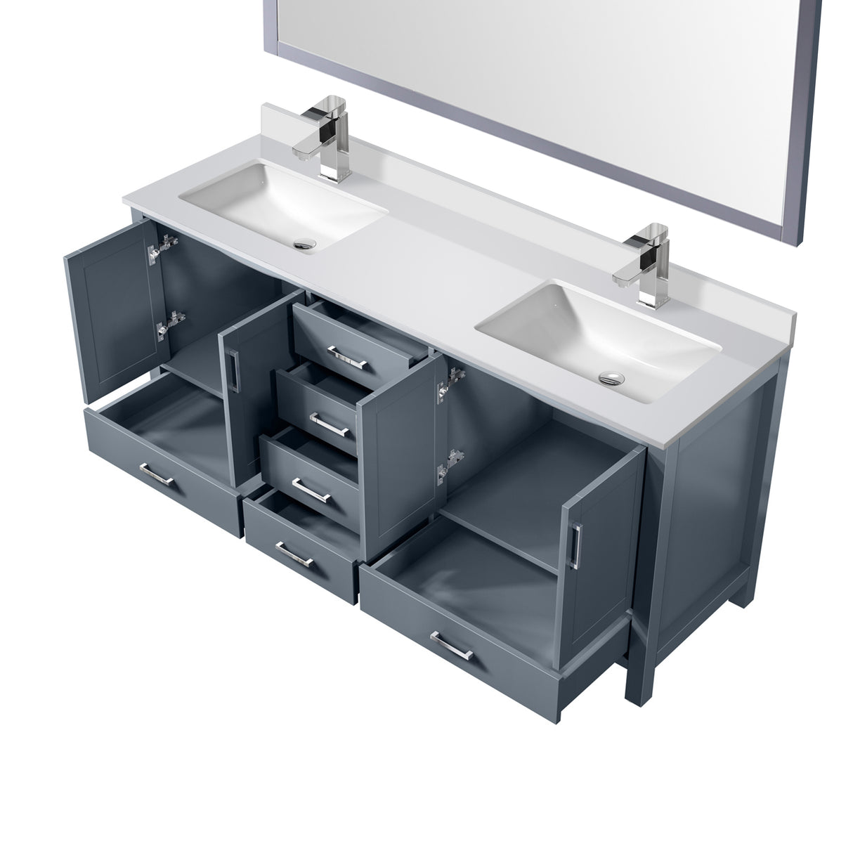 Jacques 72" Dark Grey Double Vanity, White Quartz Top, White Square Sinks and 70" Mirror w/ Faucets