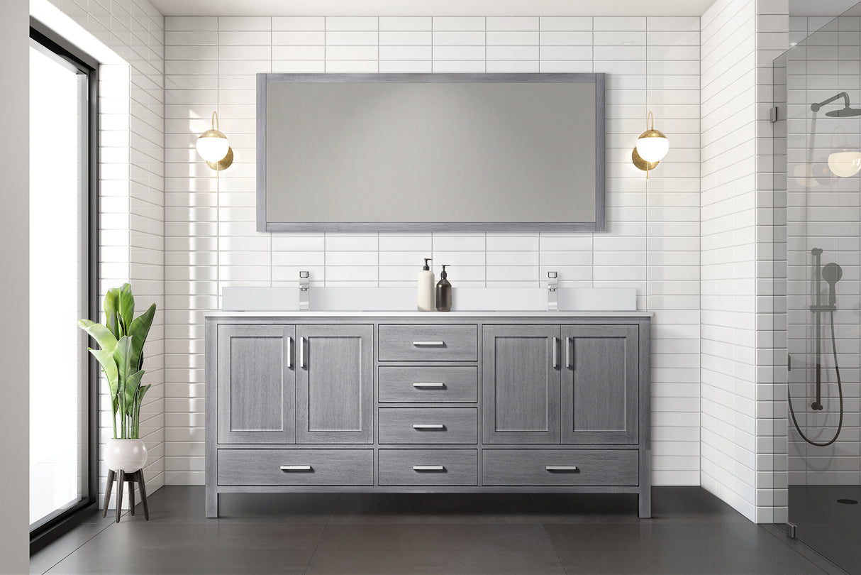 Jacques 72" Distressed Grey Double Vanity, White Quartz Top, White Square Sinks and 70" Mirror