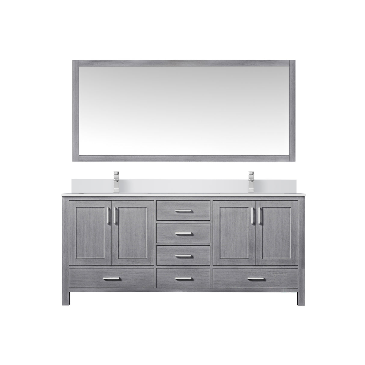 Jacques 72" Distressed Grey Double Vanity, White Quartz Top, White Square Sinks and 70" Mirror w/ Faucets