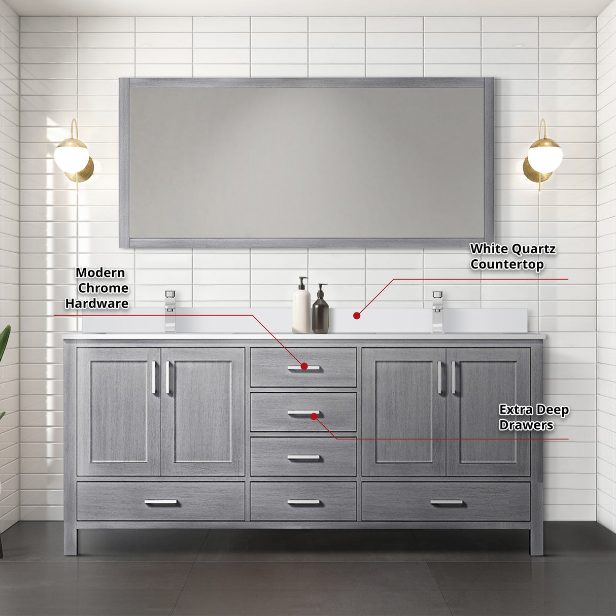 Jacques 72" Distressed Grey Double Vanity, White Quartz Top, White Square Sinks and 70" Mirror w/ Faucets