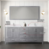 Jacques 72" Distressed Grey Double Vanity, White Quartz Top, White Square Sinks and 70" Mirror w/ Faucets