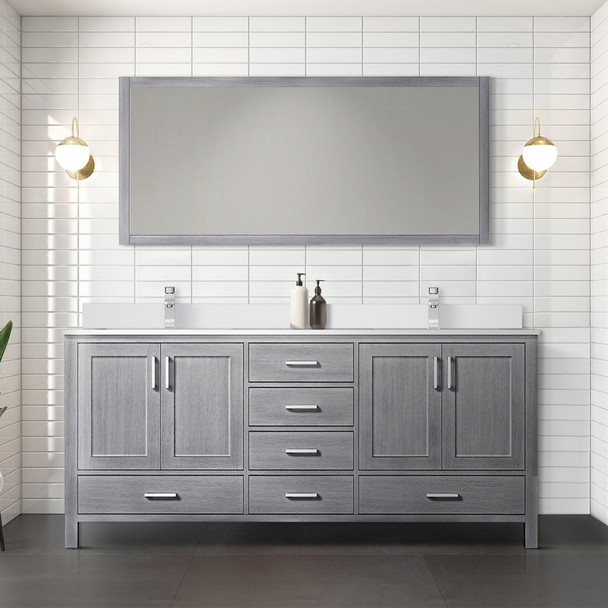 Jacques 72" Distressed Grey Double Vanity, White Quartz Top, White Square Sinks and 70" Mirror