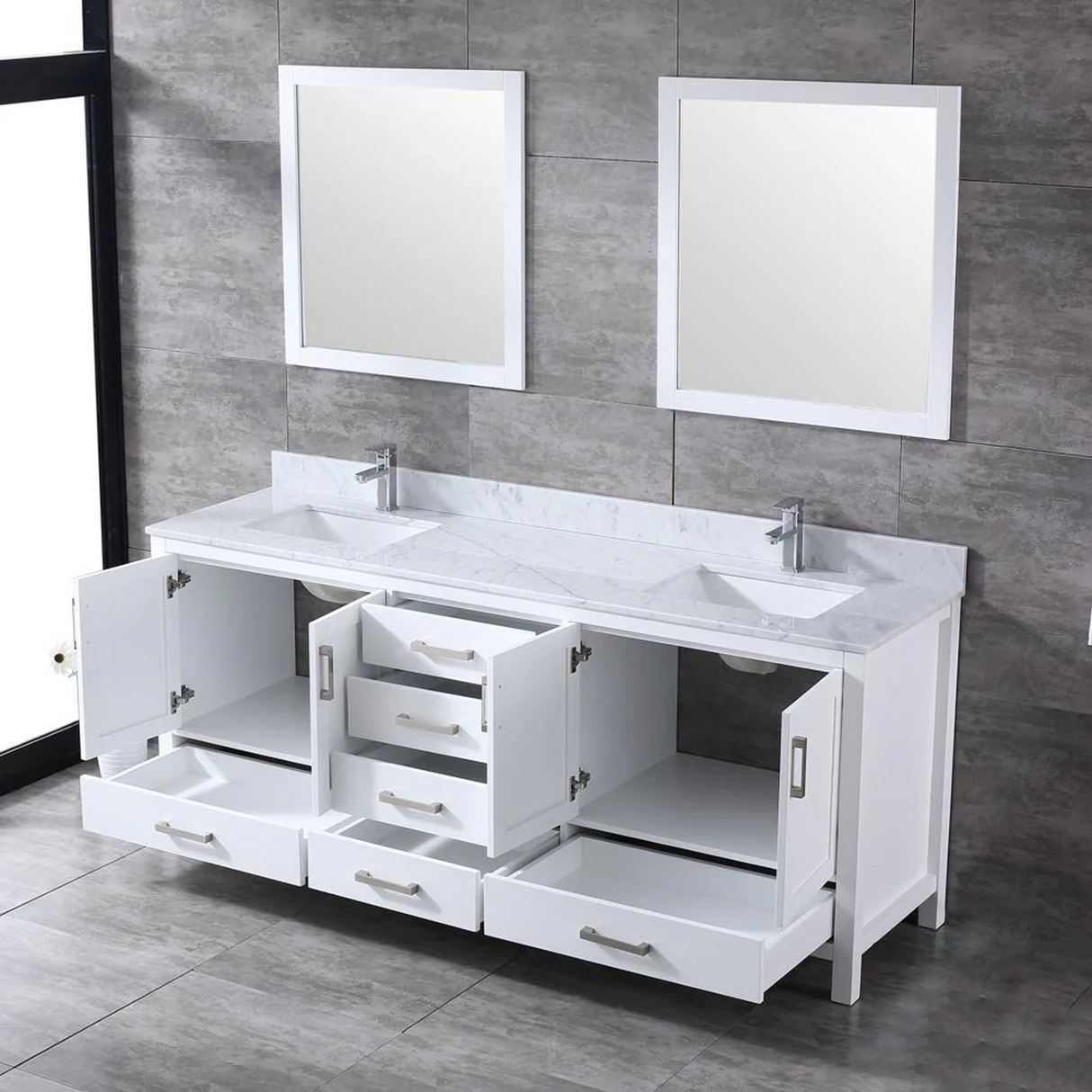 Jacques 80 In. Freestanding White Bathroom Vanity With Double Undermount Ceramic Sink, White Carrara Marble Top