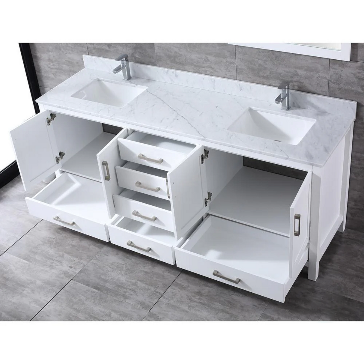 Jacques 80 In. Freestanding White Bathroom Vanity With Double Undermount Ceramic Sink, White Carrara Marble Top