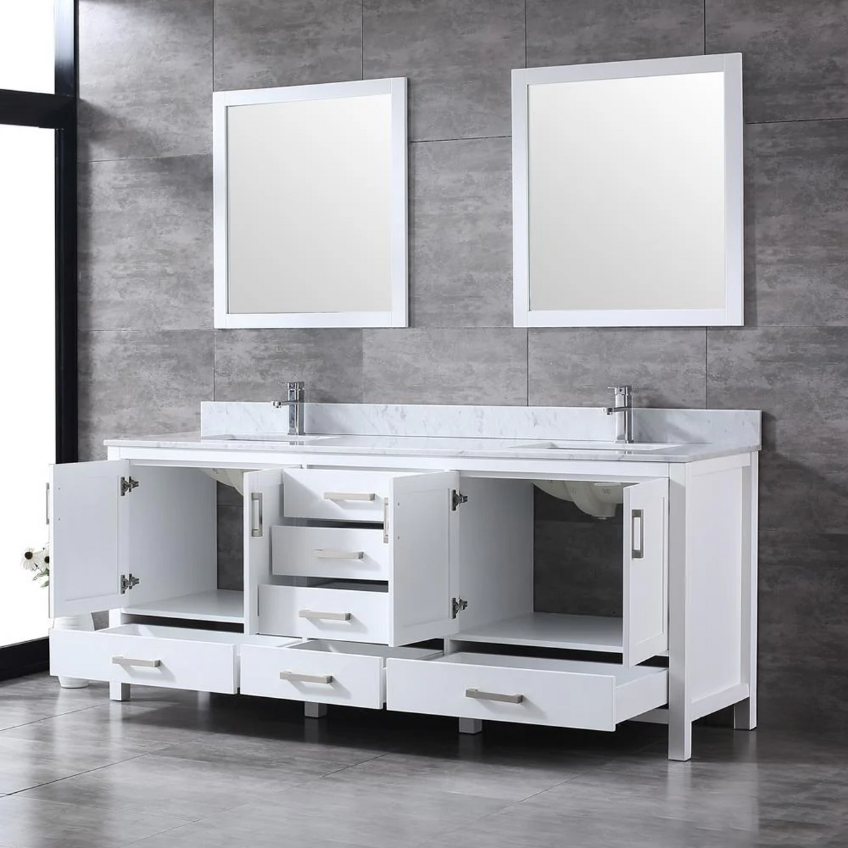 Jacques 80 In. Freestanding White Bathroom Vanity With Double Undermount Ceramic Sink, White Carrara Marble Top