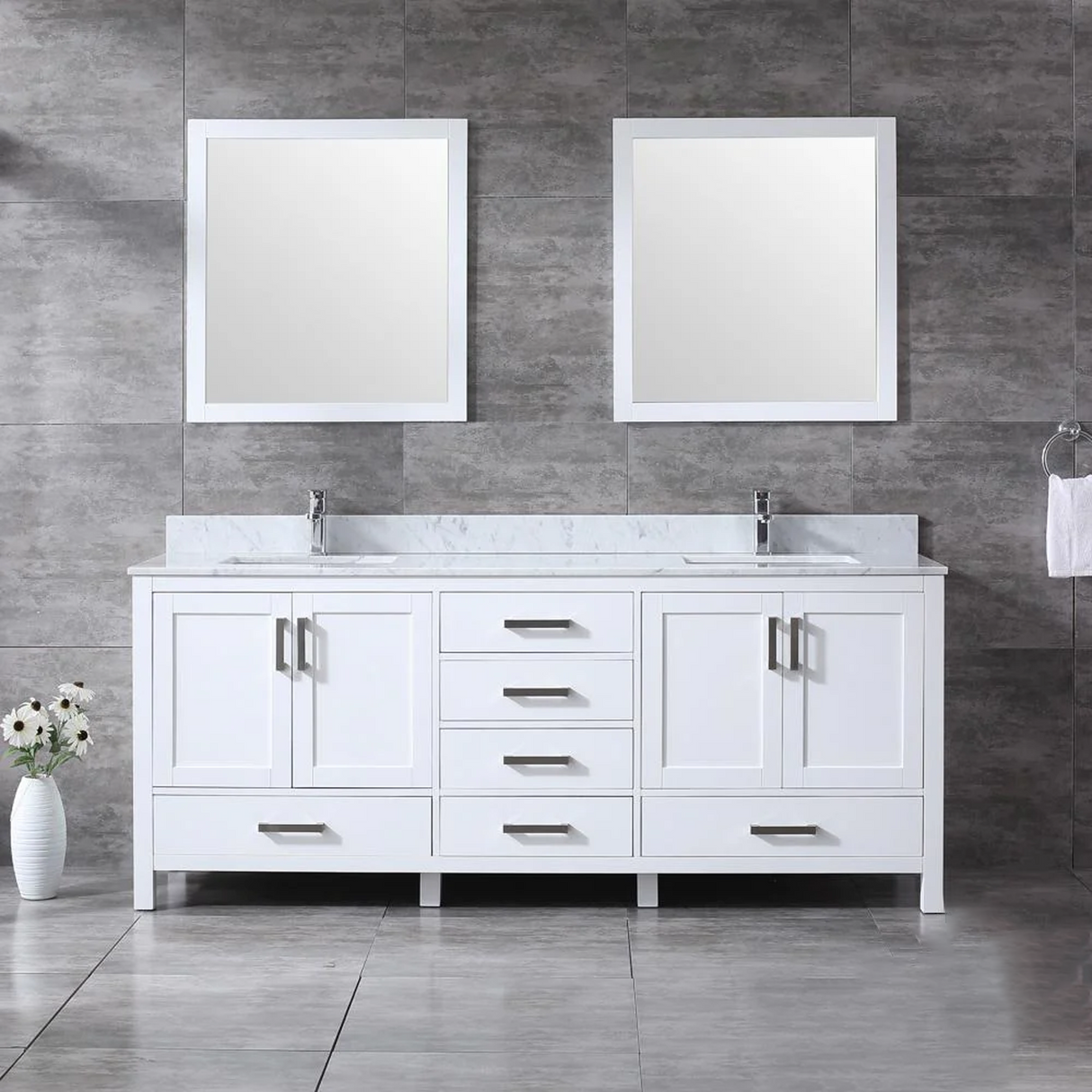 Jacques 80 In. Freestanding White Bathroom Vanity With Double Undermount Ceramic Sink, White Carrara Marble Top