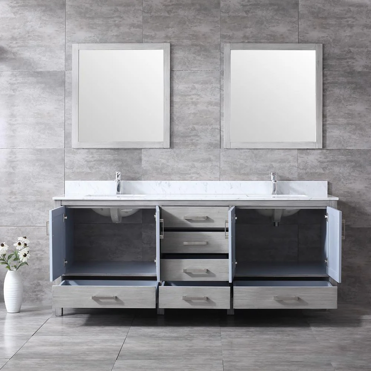 Jacques 80 In. Freestanding Distressed Grey Bathroom Vanity With Double Undermount Ceramic Sink, White Carrara Marble Top