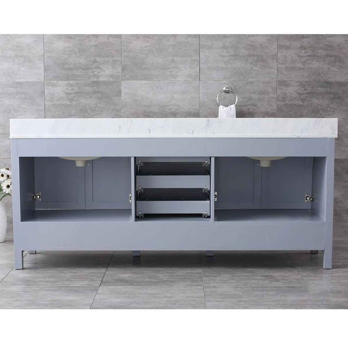 Jacques Distressed Grey Freestanding Bathroom Vanity with White Carrara Marble Top, White Square Sink