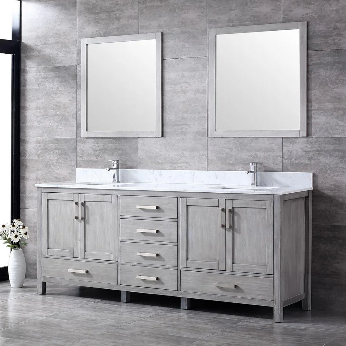 Jacques 80 In. Freestanding Distressed Grey Bathroom Vanity With Double Undermount Ceramic Sink, White Carrara Marble Top