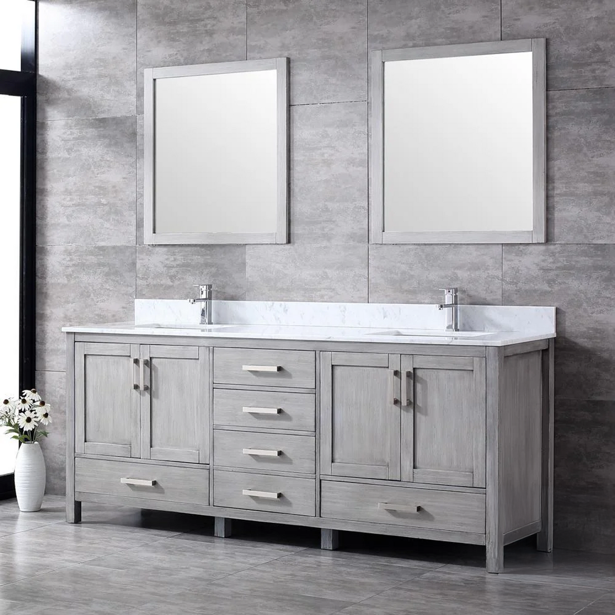 Jacques Distressed Grey Freestanding Bathroom Vanity with White Carrara Marble Top, White Square Sink