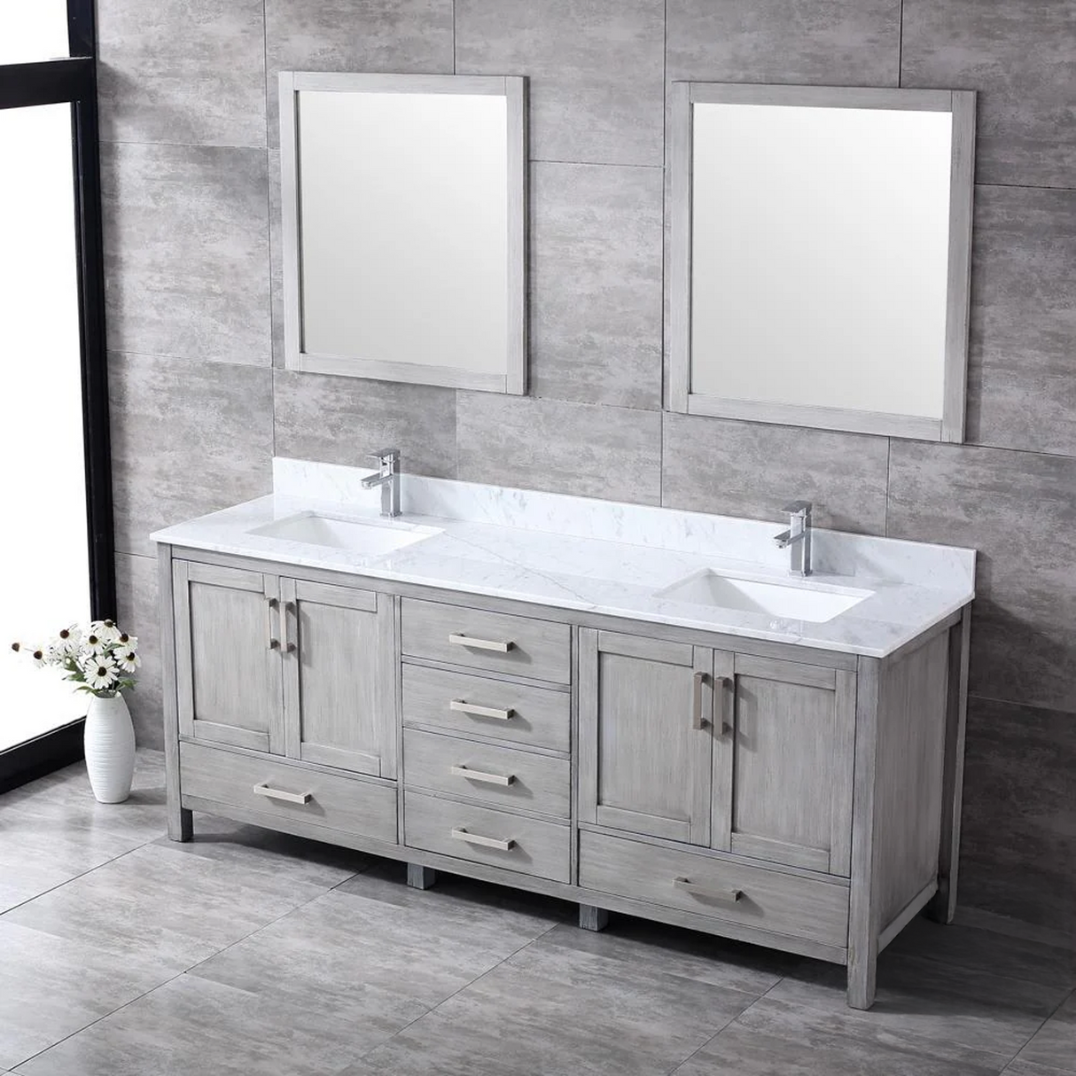 Jacques 80 In. Freestanding Distressed Grey Bathroom Vanity With Double Undermount Ceramic Sink, White Carrara Marble Top